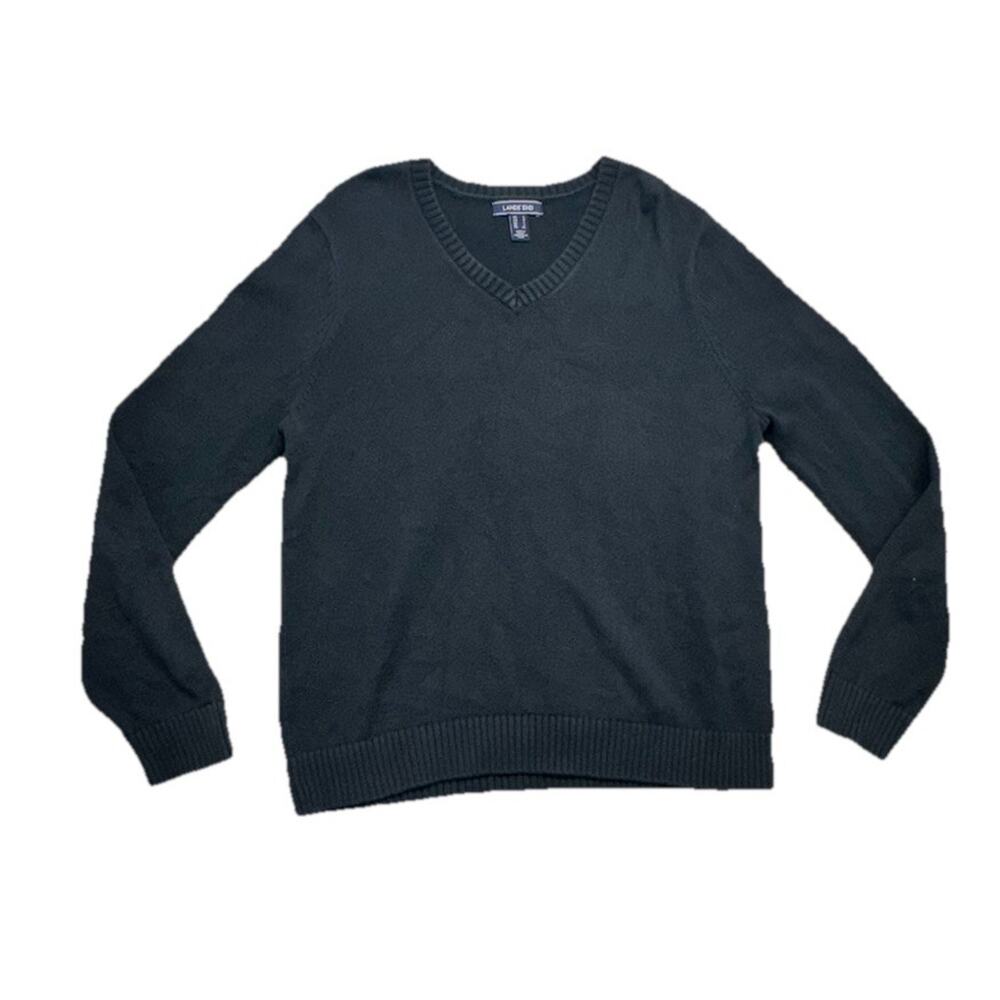 Lands End Canvas Womens Size Large Black Cotton V Neck 100 % Cotton